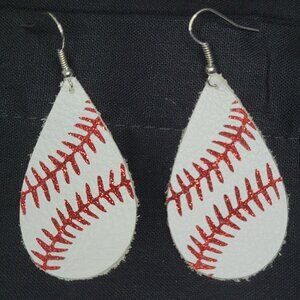 Teardrop Leather Baseball Themed Earrings